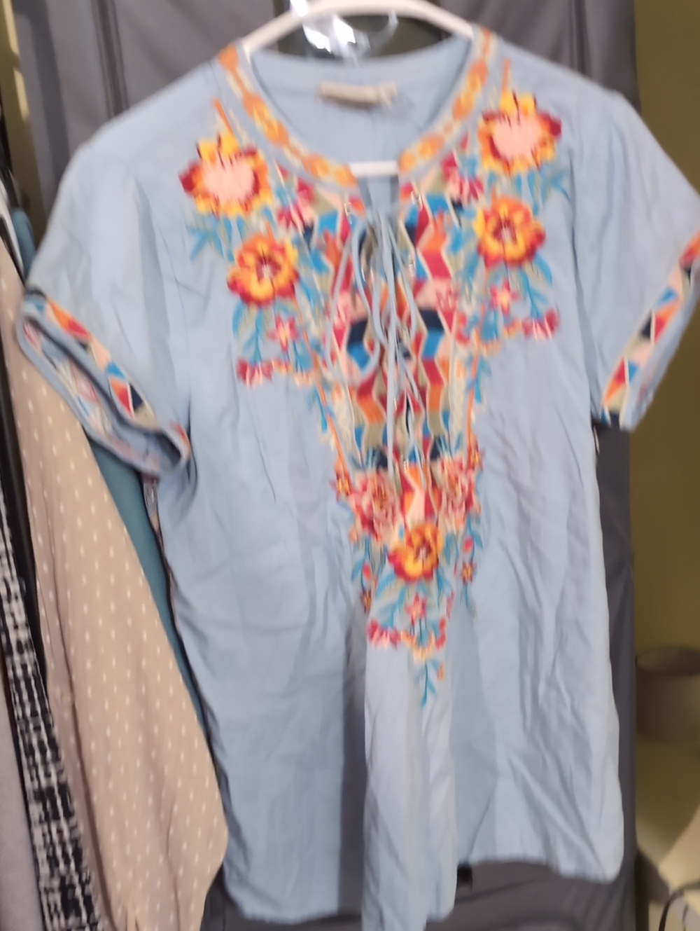Savanna Jane Sky Blue Floral Embroidered Tie-Neck Tunic